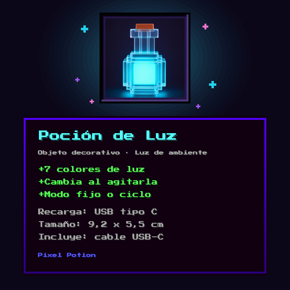 Ficha al estilo Minecraft de la Poción de Luz: 7 colores, cambia al agitarla, recarga por USB tipo C, 9,2 x 5,5 cm, cable incluido