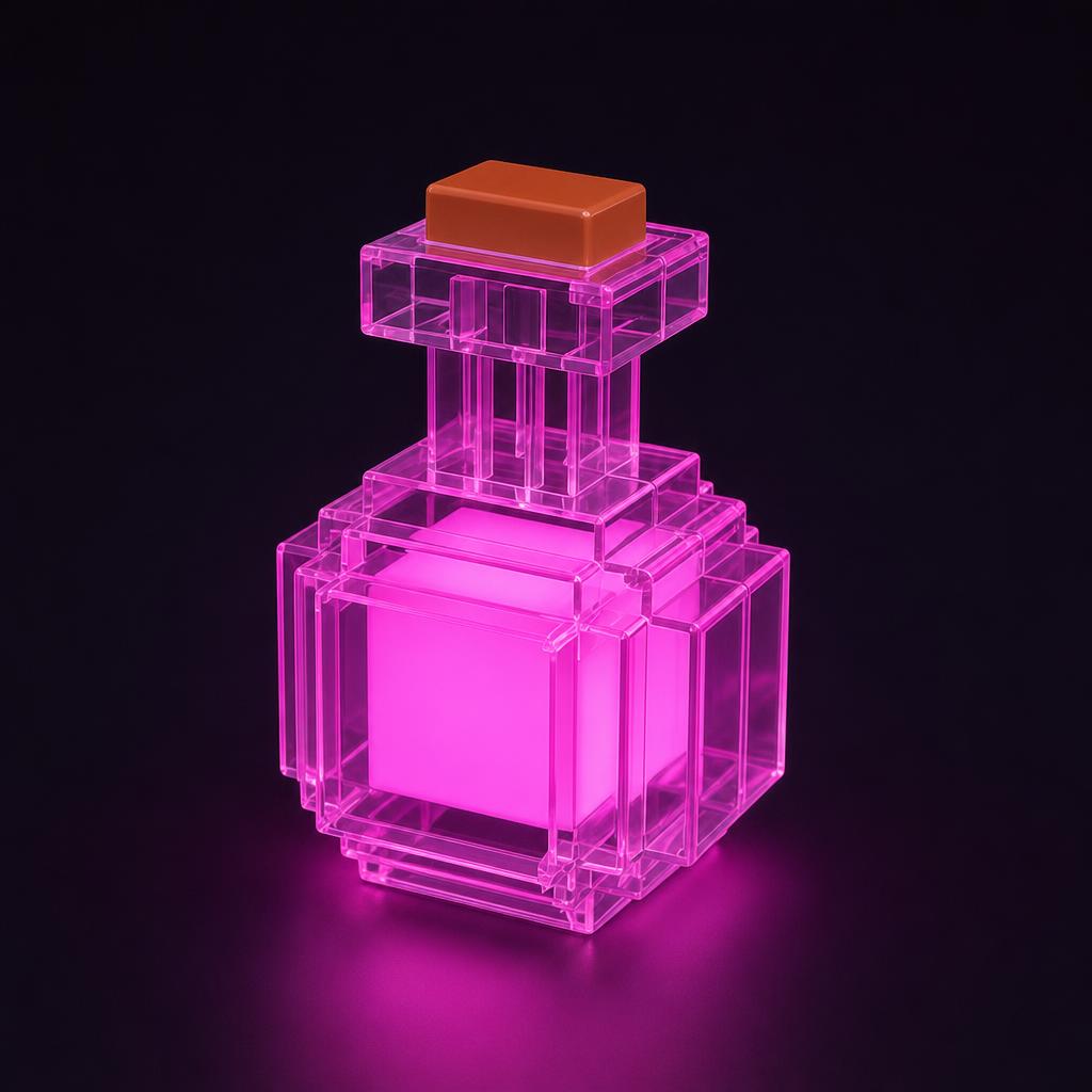 Lampara Pixel Potion vista de tres cuartos encendida en rosa magenta