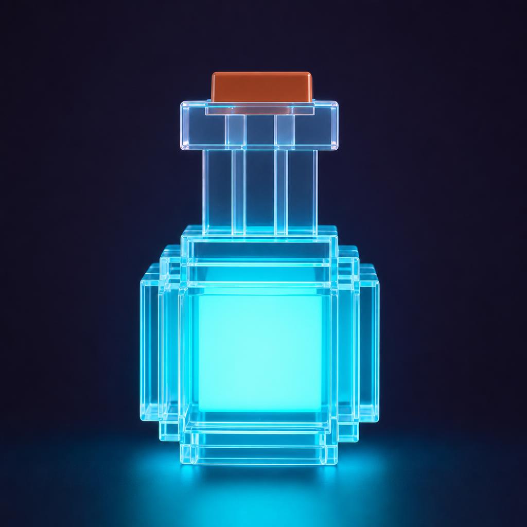 Lampara Pixel Potion encendida en color cian sobre fondo oscuro