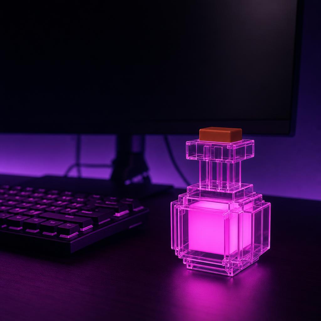 Pixel Potion encendida en morado en un setup gamer