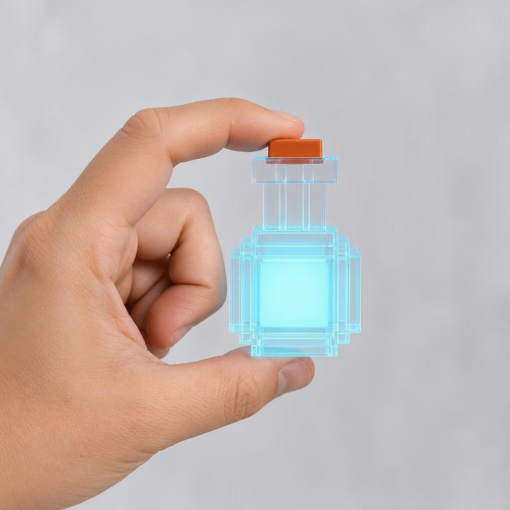 Pixel Potion sostenida en una mano para ver su tamaño real